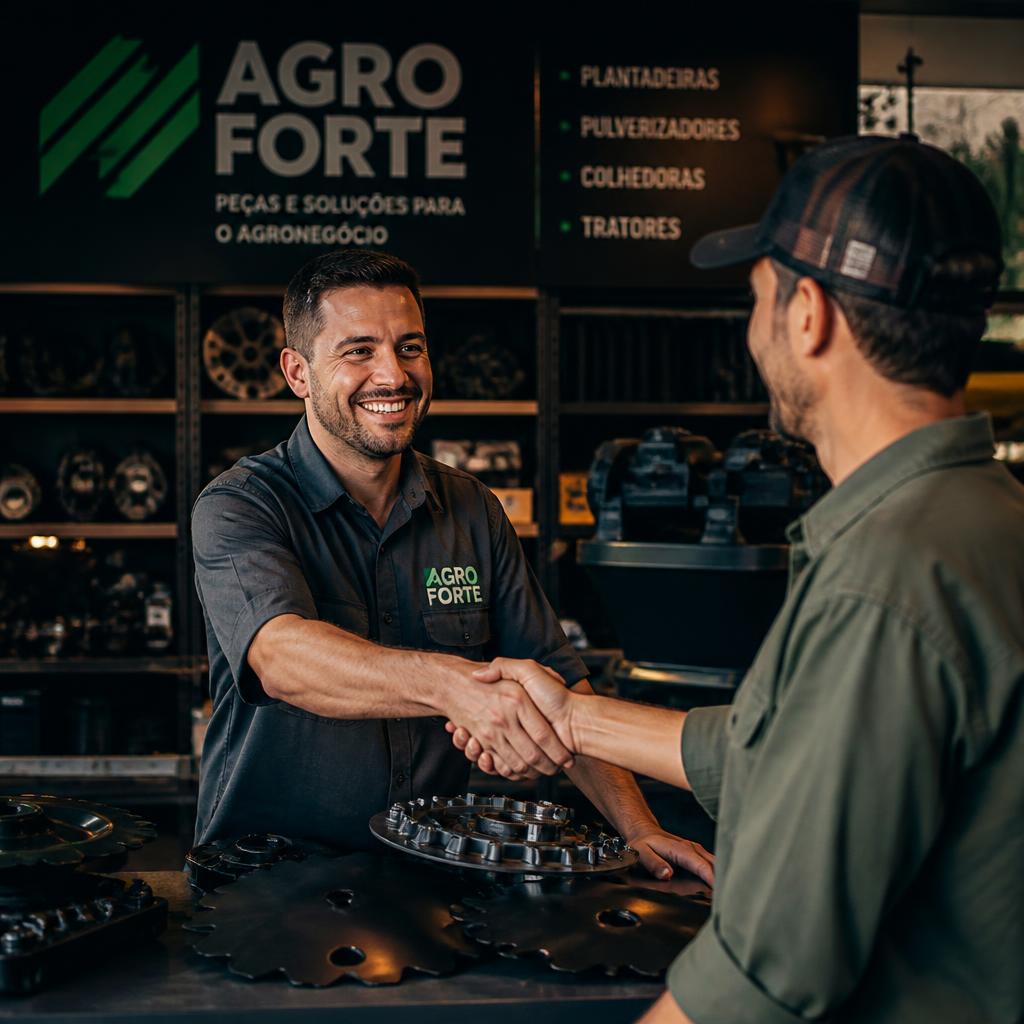 Revendedor de peças agrícolas fechando pedido com cliente no balcão da loja